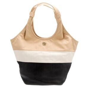 Tory Burch large color block tote shoulder bag  tan cream black